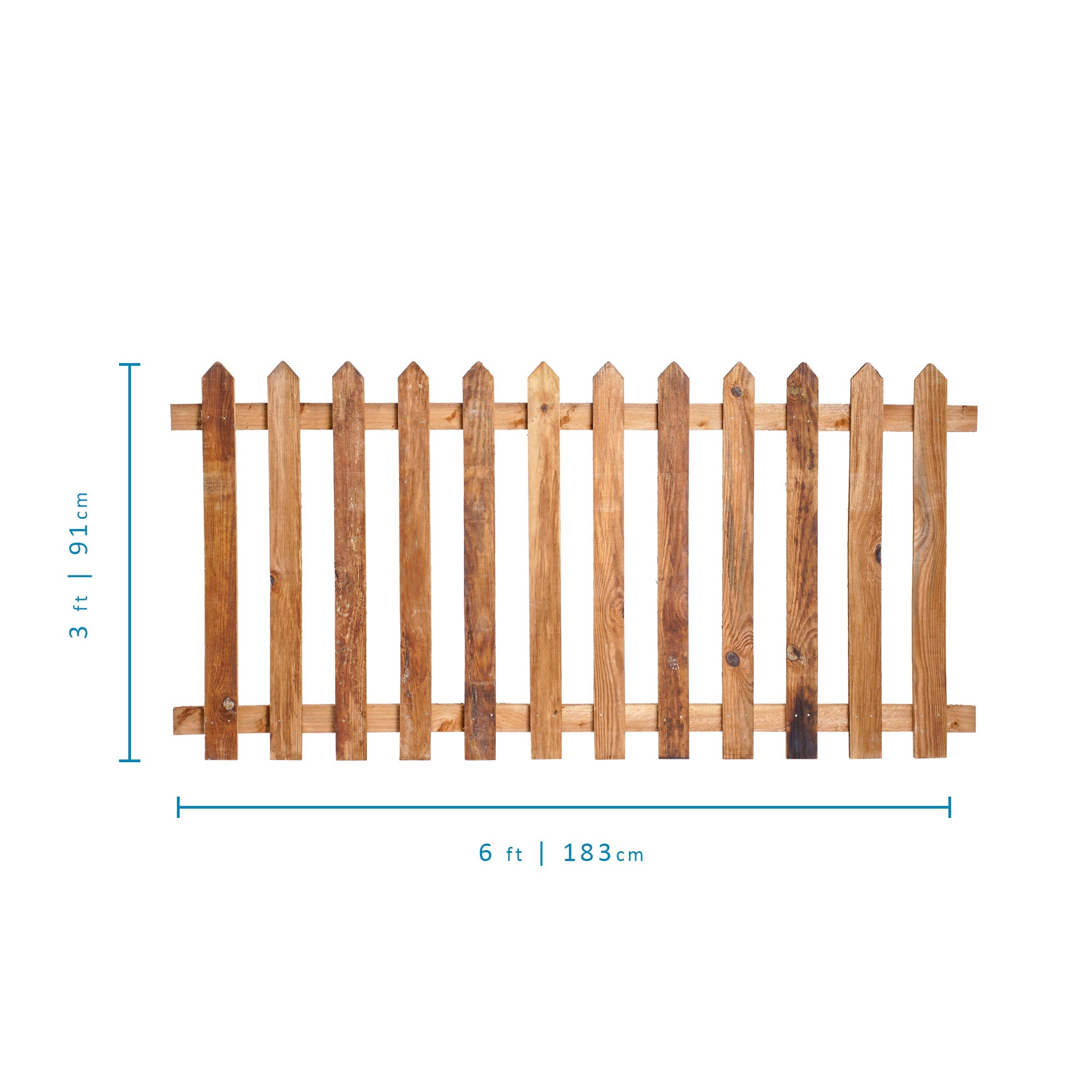 Measurements of 6ft x 3ft Picket Fence Panel Point Top - Pressure Treated Brown