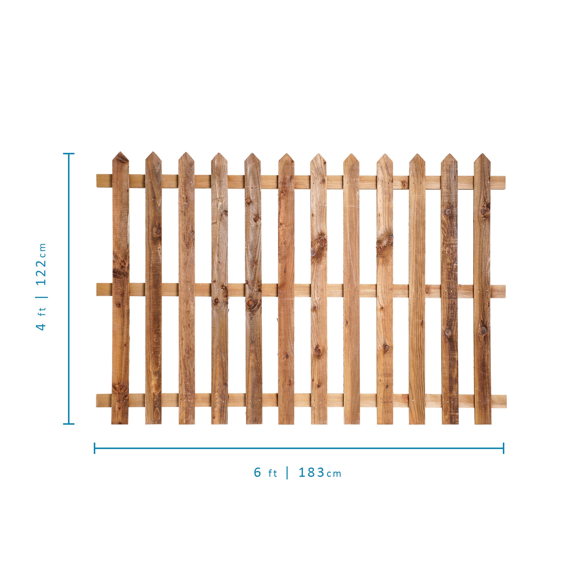 Measurements of 6ft x 4ft Picket Fence Panel Point Top - Pressure Treated Brown