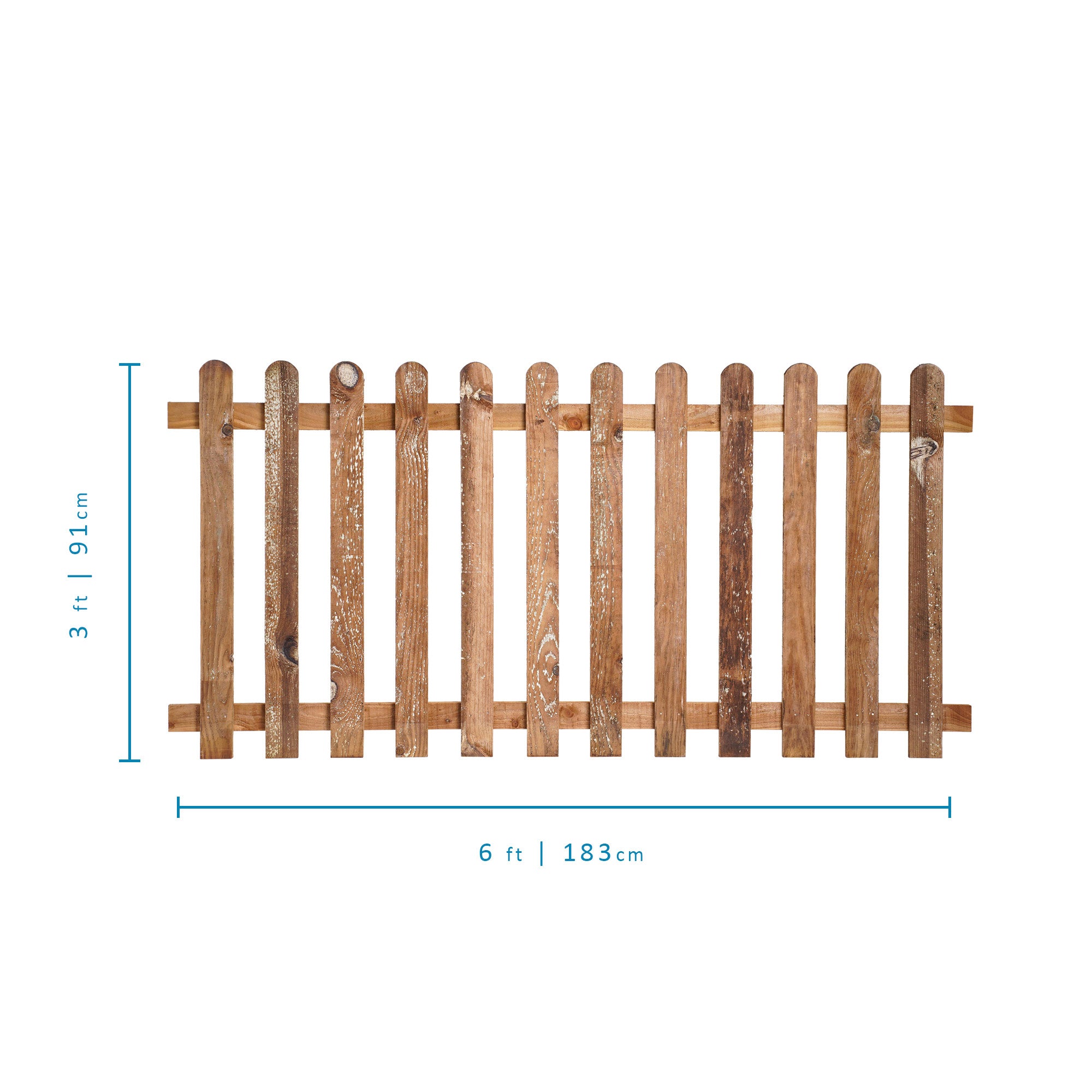 Measurements of 6ft x 3ft Picket Fence Panel Round Top - Pressure Treated Brown