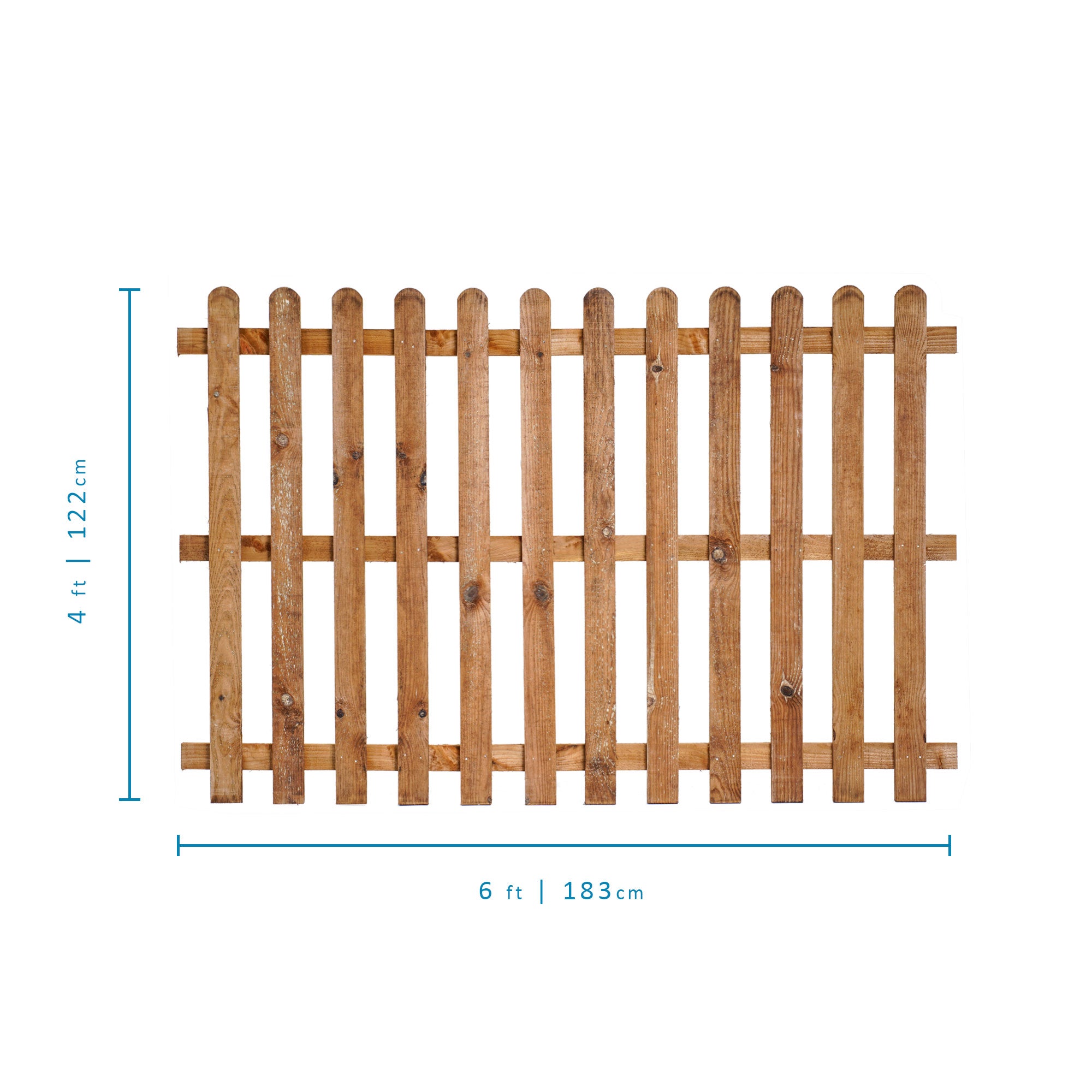 Measurements of 6ft x 4ft Picket Fence Panel Round Top - Pressure Treated Brown