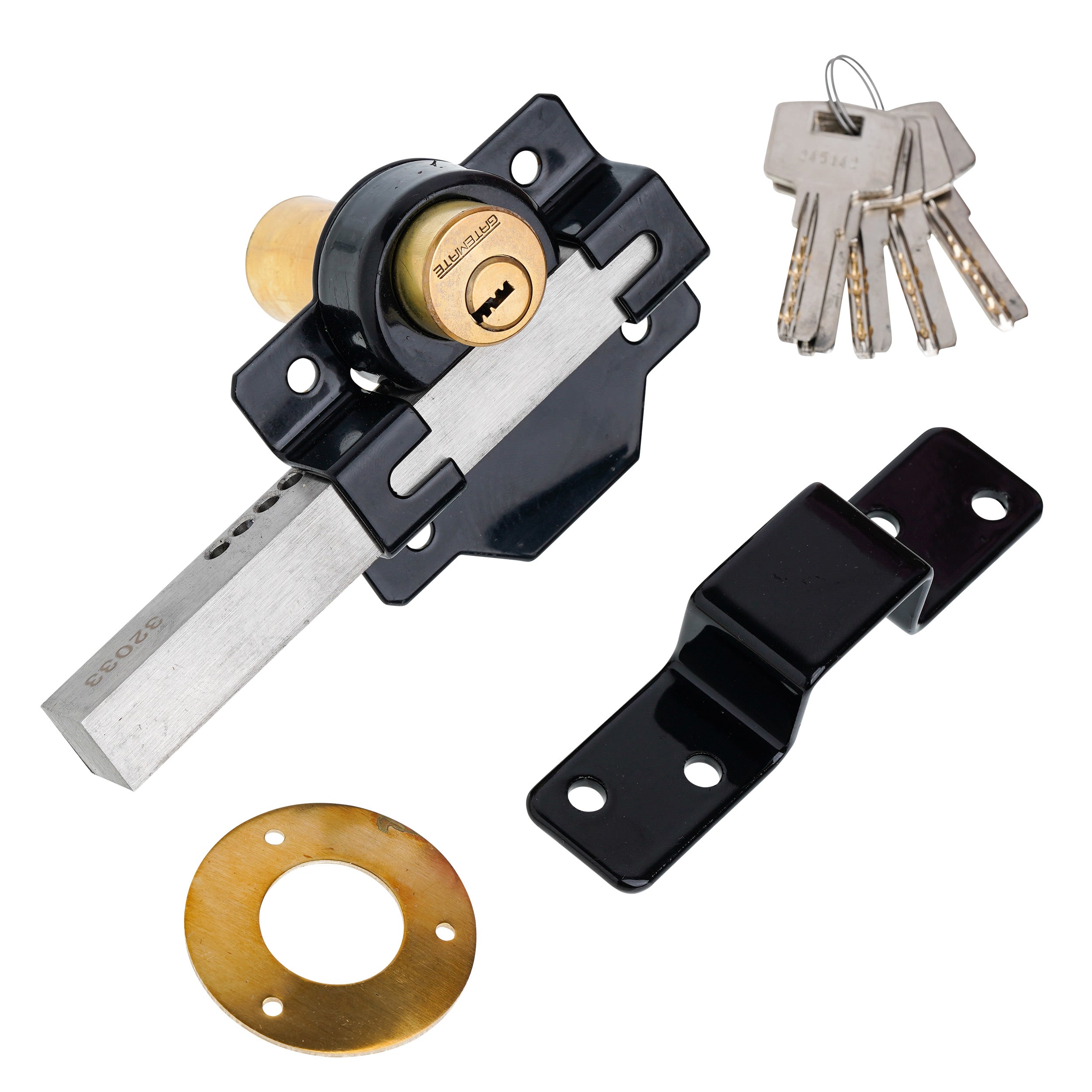2" Long Throw Gate Lock, picture includes lock, keys and lock plate