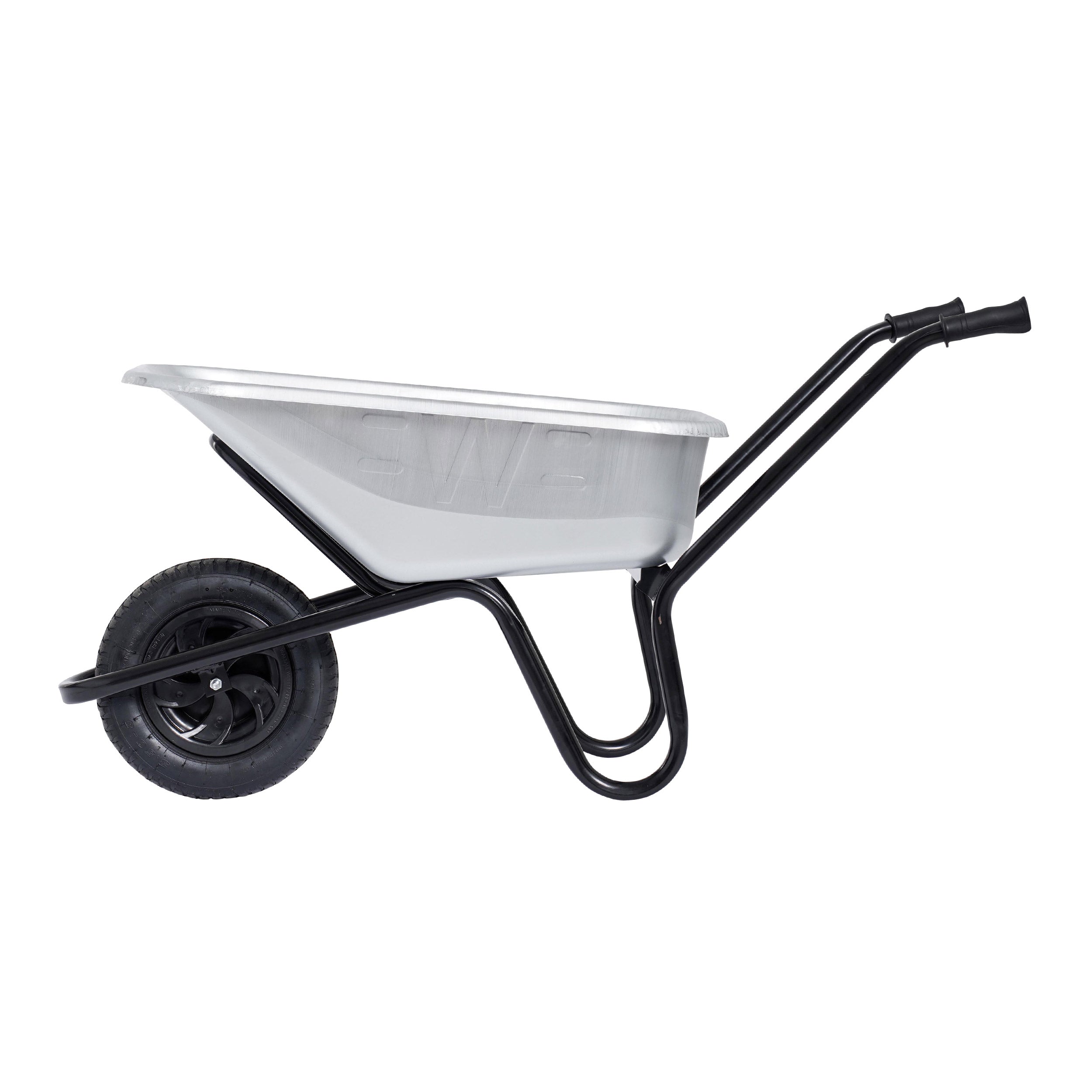 Side image of Invincible Galvanised Wheelbarrow, silver body with black tyre and frame