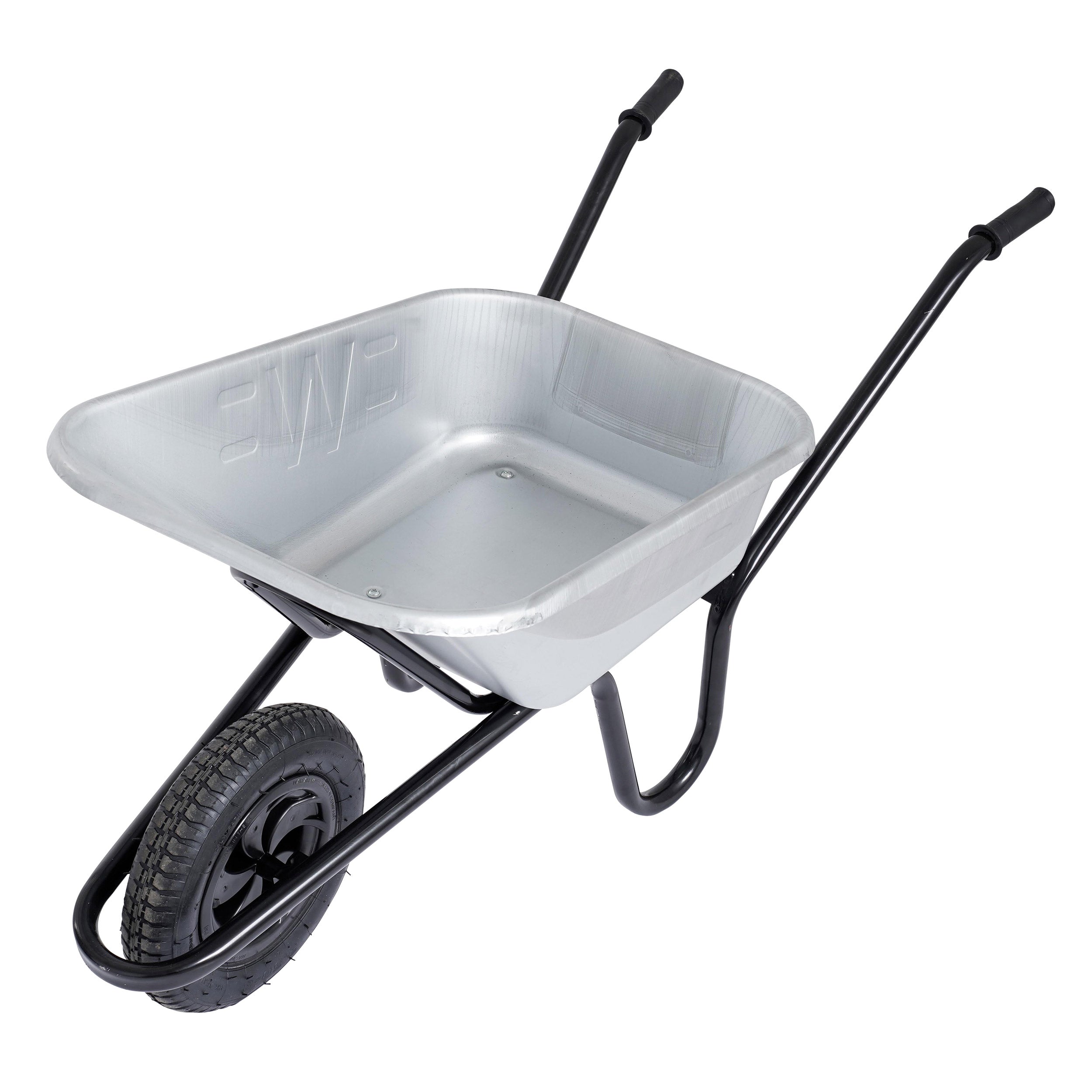 Full image of Invincible Galvanised Wheelbarrow, silver body with black tyre and frame