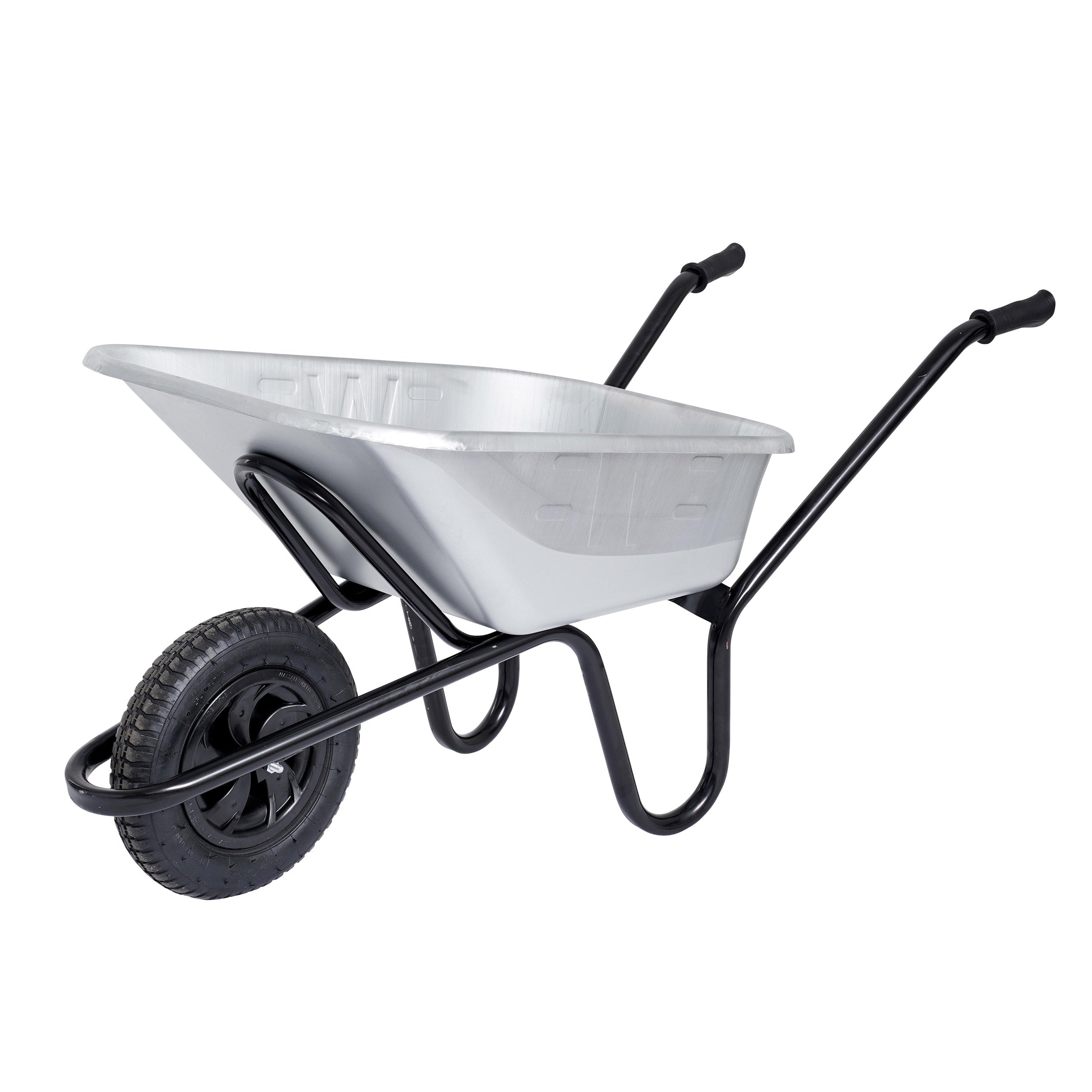 Side image of Invincible Galvanised Wheelbarrow, silver body with black tyre and frame